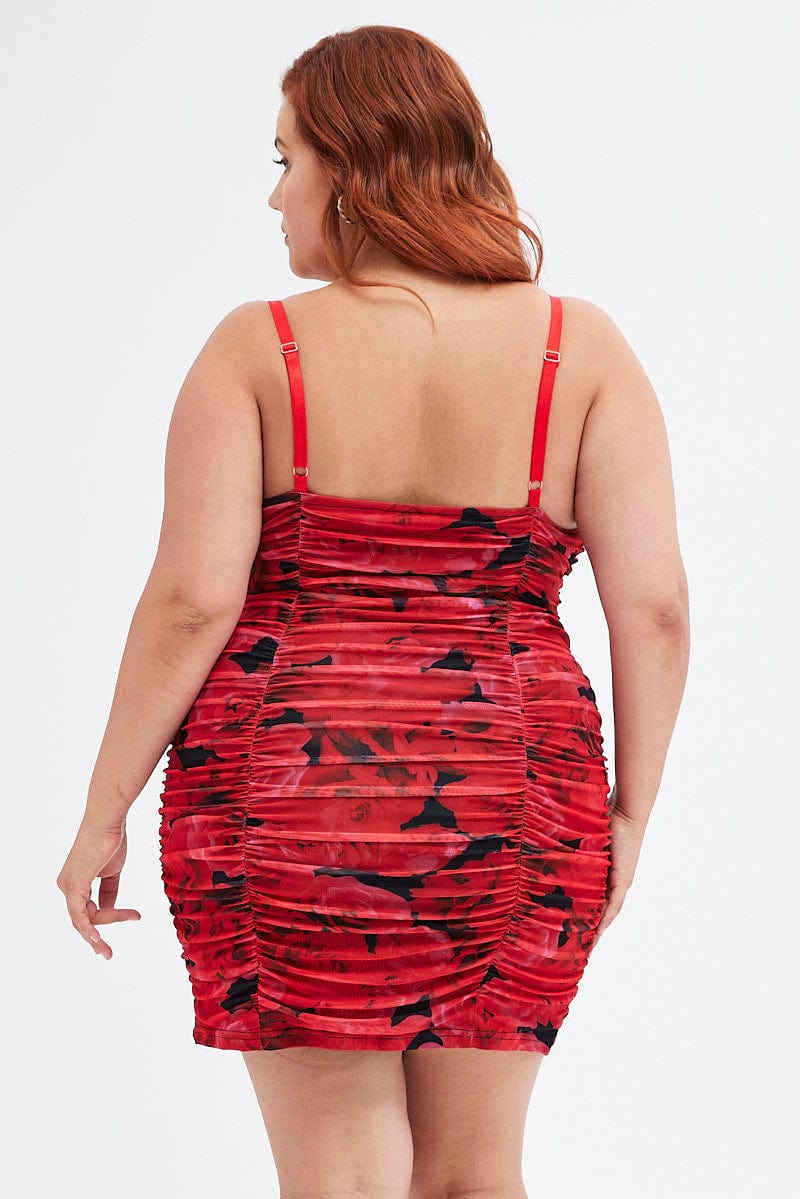 red abstract printed plunge cowl mesh bodycon dress Red Abstract Mesh Dress Cowl Neck Mini Bodycon