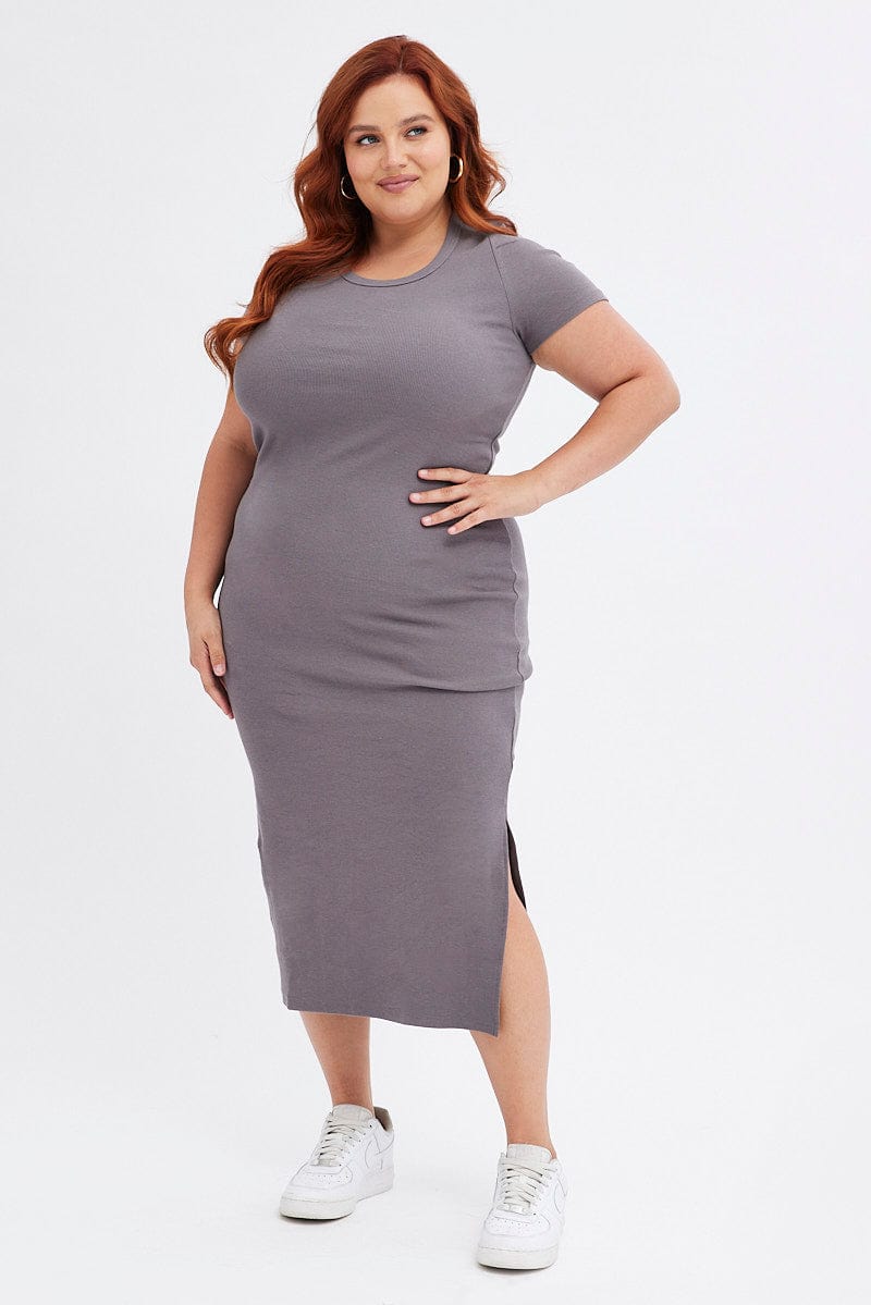 Grey Bodycon Dress Short Sleeve Midi Rib for YouandAll Fashion