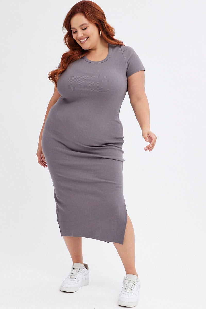 Grey Bodycon Dress Short Sleeve Midi Rib for YouandAll Fashion