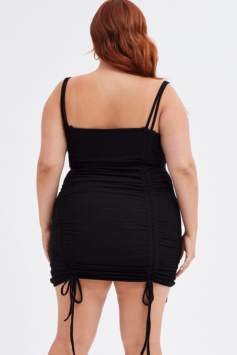 Black Bodycon Dress Sleeveless Ruched Rib for YouandAll Fashion