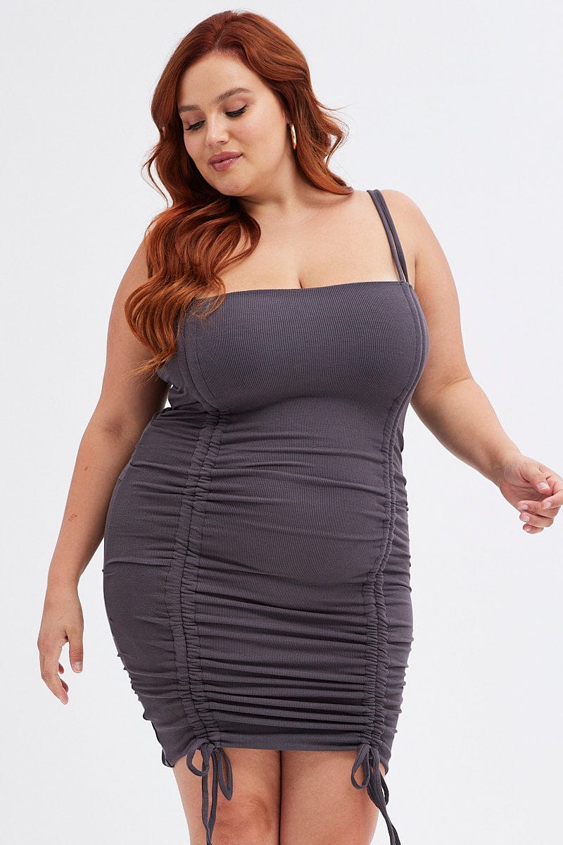 Grey Bodycon Dress Sleeveless Ruched Rib | You & All Grey Bodycon Dress Sleeveless Ruched Rib | You & All