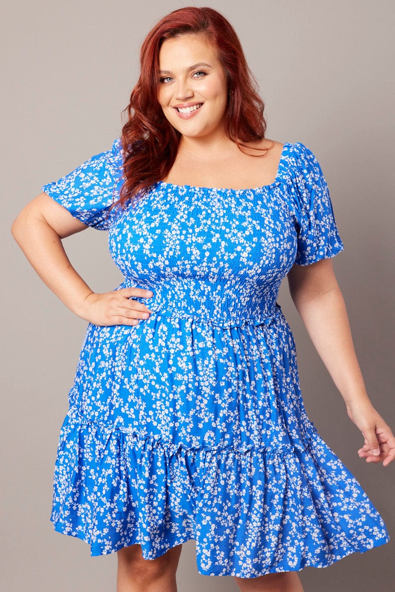 Blue Ditsy Shirred Frill Minidress for YouandAll Fashion
