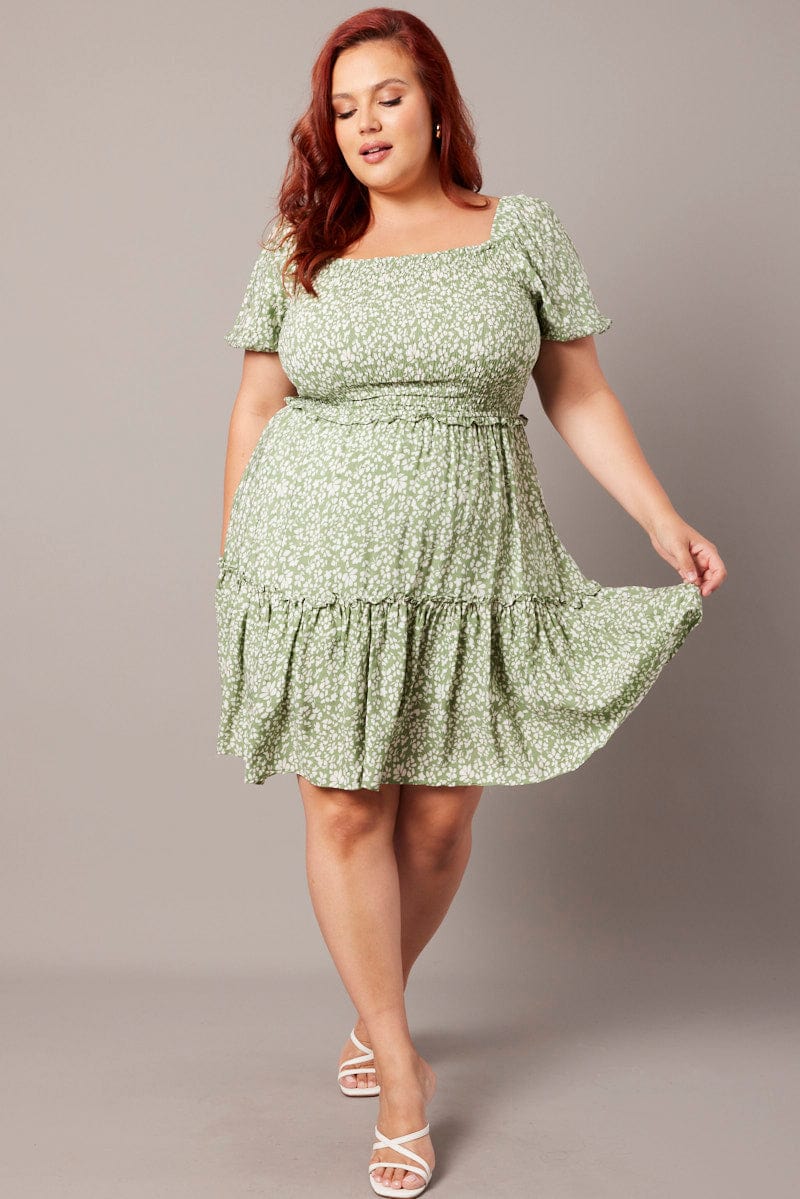 Green Ditsy Shirred Frill Minidress for YouandAll Fashion