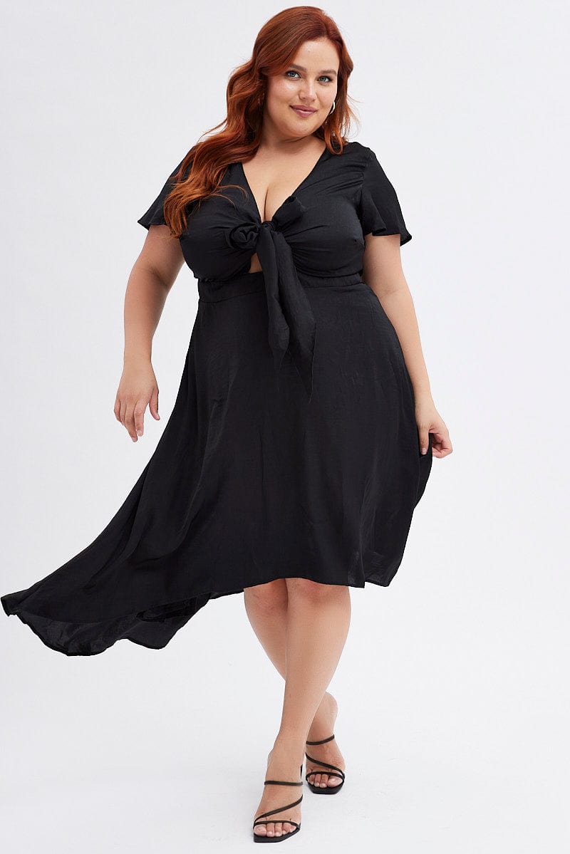 Black Midi Dress Short Sleeve Tie Back Satin for YouandAll Fashion