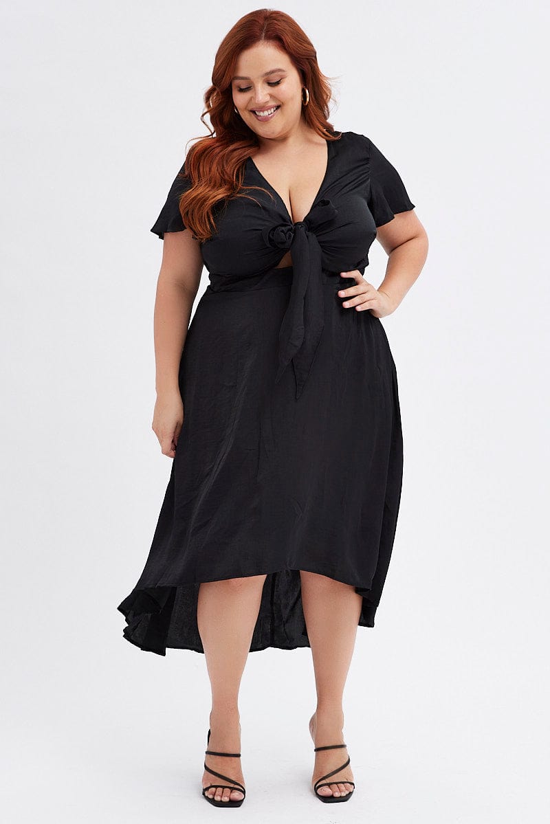 Black Midi Dress Short Sleeve Tie Back Satin