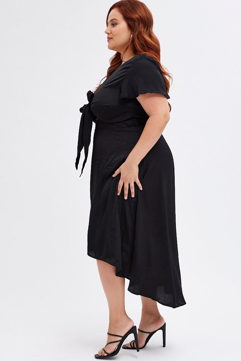 Black Midi Dress Short Sleeve Tie Back Satin