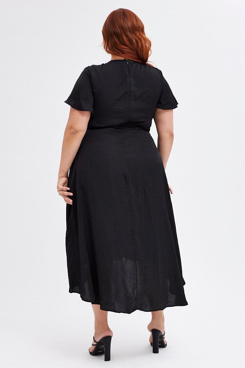 Black Midi Dress Short Sleeve Tie Back Satin for YouandAll Fashion