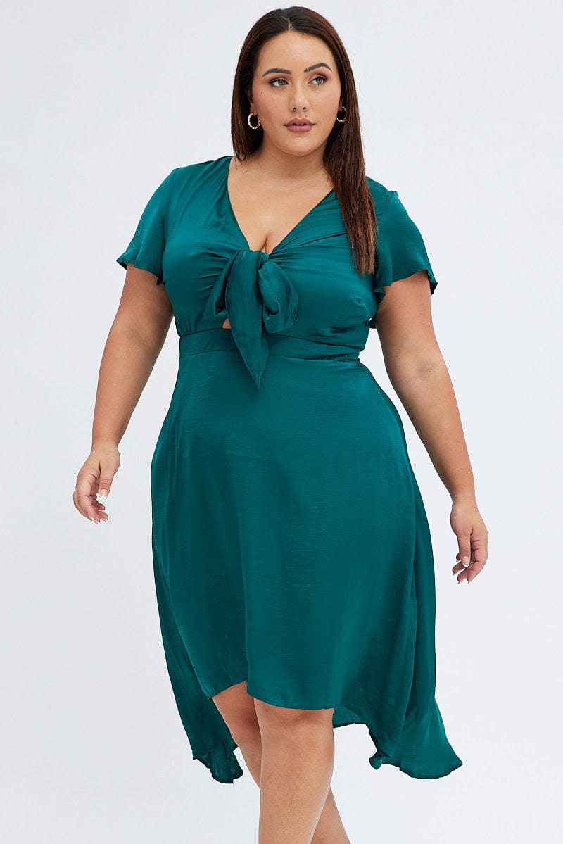 Green Midi Dress Short Sleeve Tie Back Satin You All
