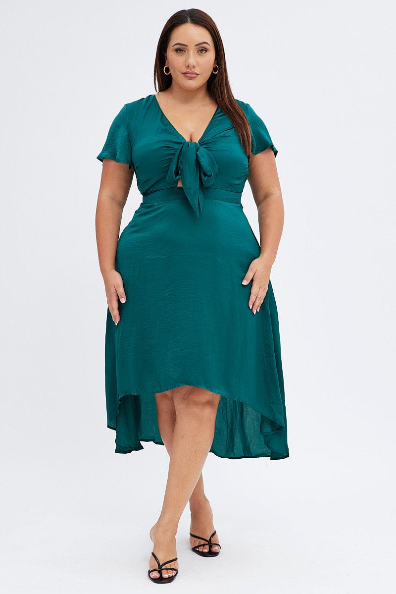 Green Midi Dress Short Sleeve Tie Back Satin for YouandAll Fashion