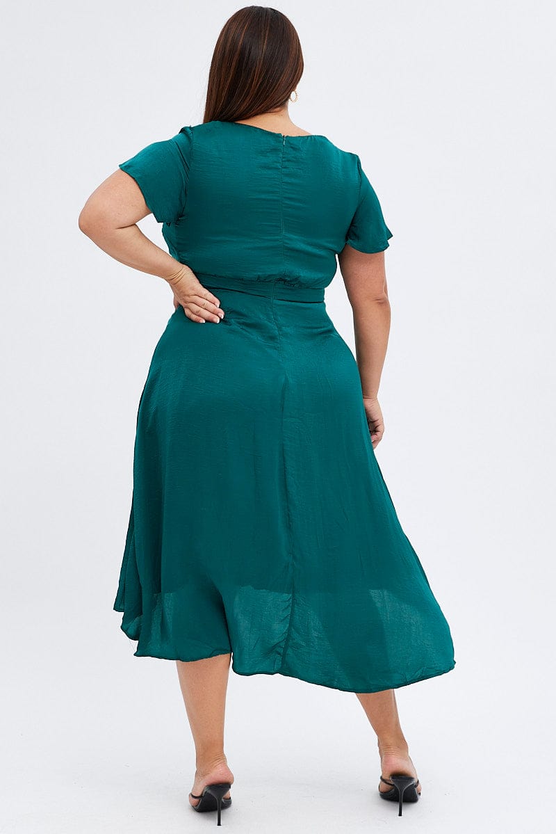 Green Midi Dress Short Sleeve Tie Back Satin for YouandAll Fashion