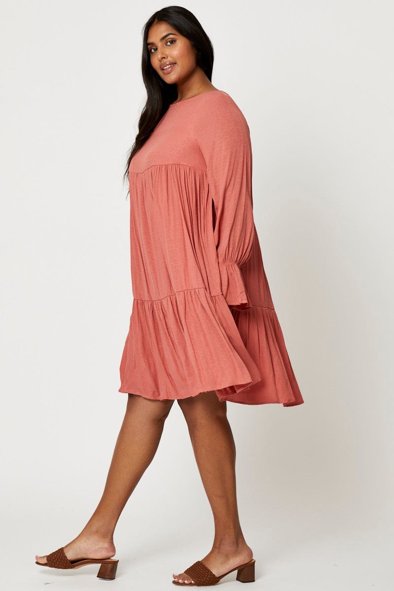 Camel Smock Dress Round Neck Long Sleeve Ruffle For Women By You And All