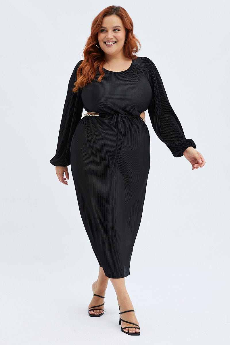 Black Midi Dress Long Sleeve Cut Out Plisse | You & All Black Midi Dress Long Sleeve Cut Out Plisse | You & All