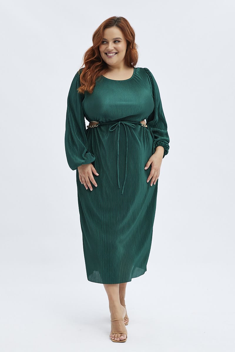 Green Midi Dress Long Sleeve Cut Out Plisse for YouandAll Fashion