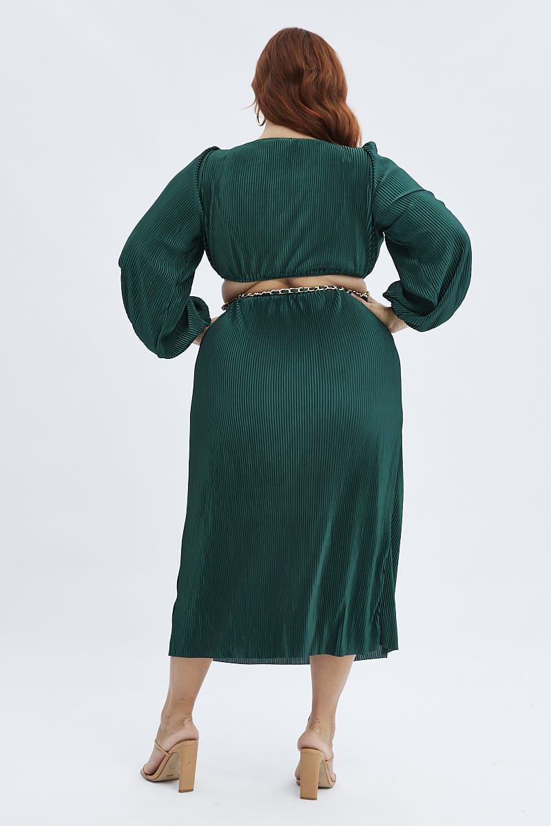 Green Midi Dress Long Sleeve Cut Out Plisse for YouandAll Fashion