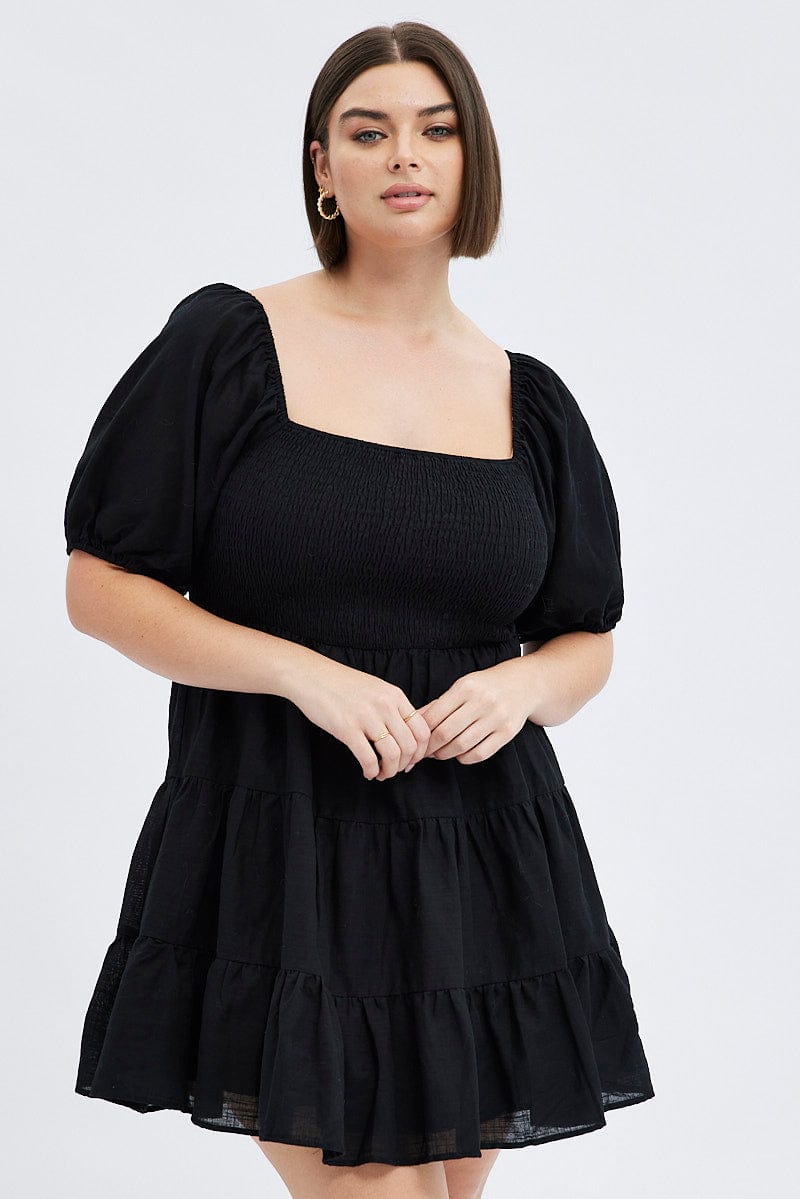 Black Fit and Flare Dress Short Sleeve Shirred for YouandAll Fashion