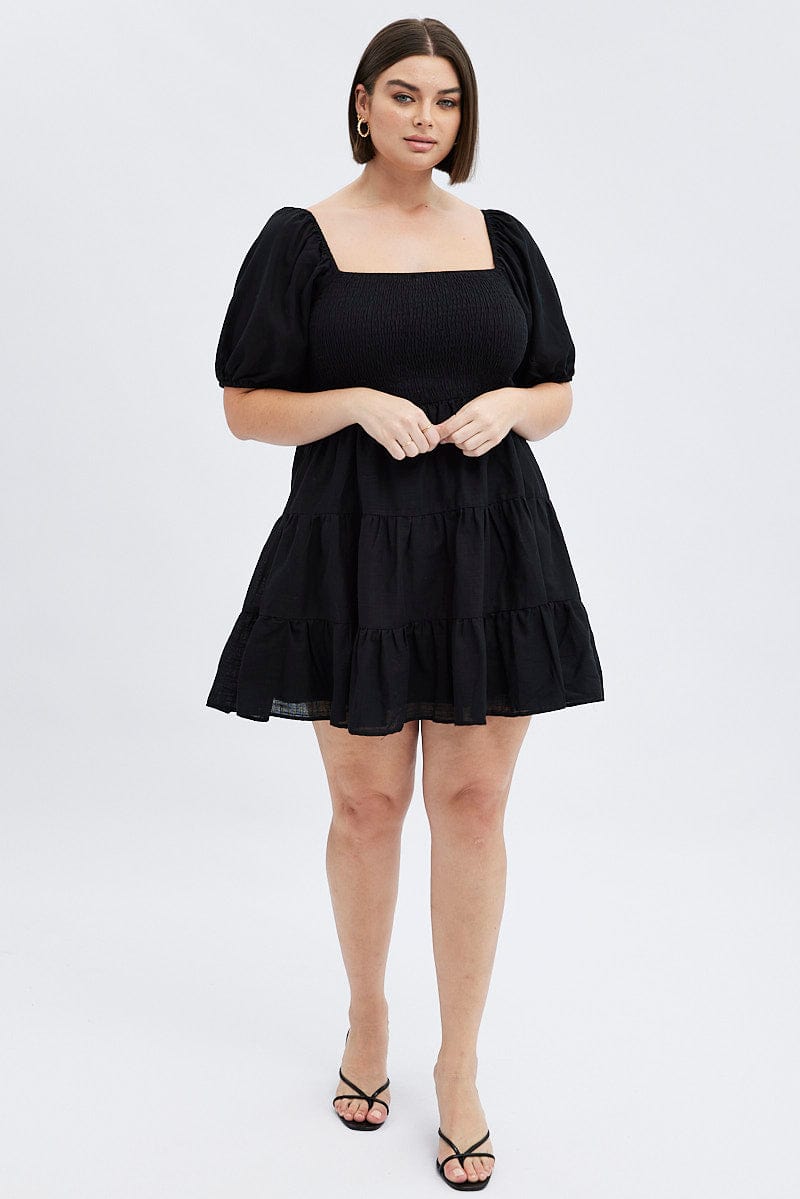 Black Fit And Flare Dress Short Sleeve Shirred