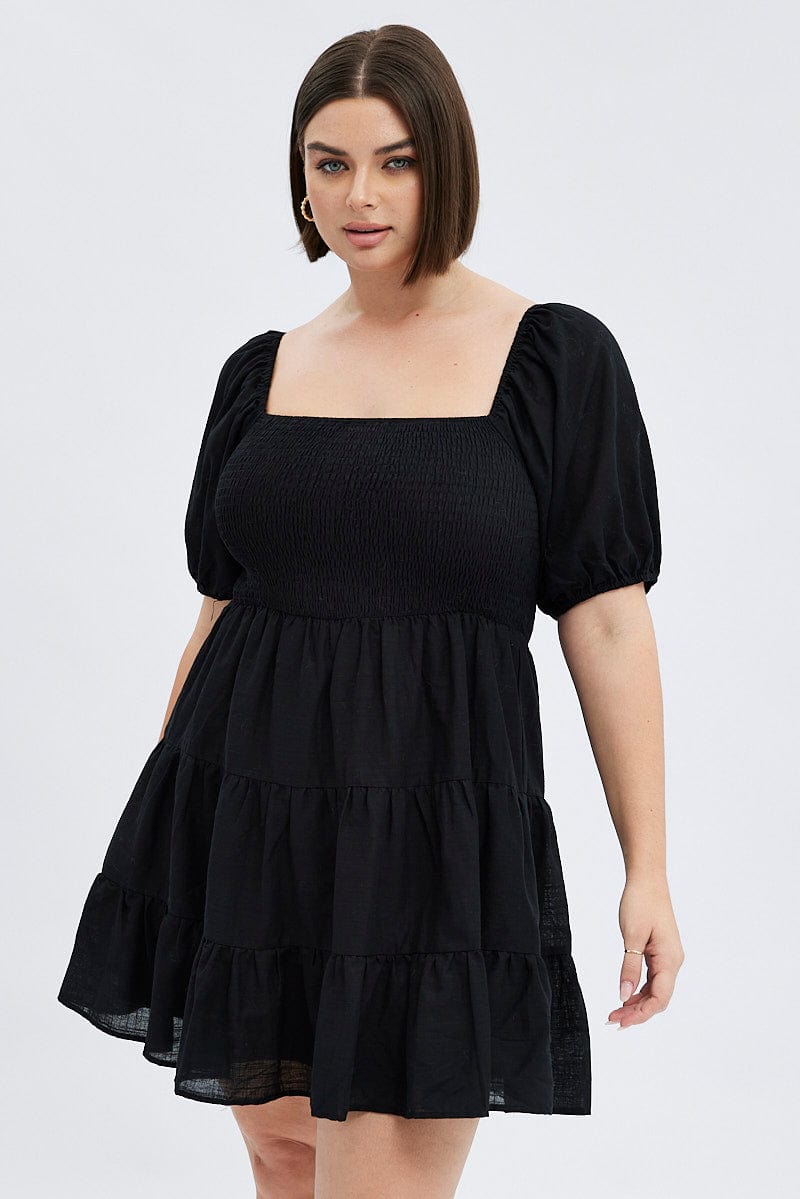 Black Fit And Flare Dress Short Sleeve Shirred | You & All Black Fit And Flare Dress Short Sleeve Shirred | You & All