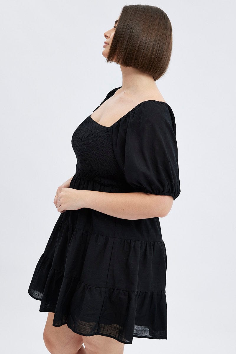 Black Fit And Flare Dress Short Sleeve Shirred