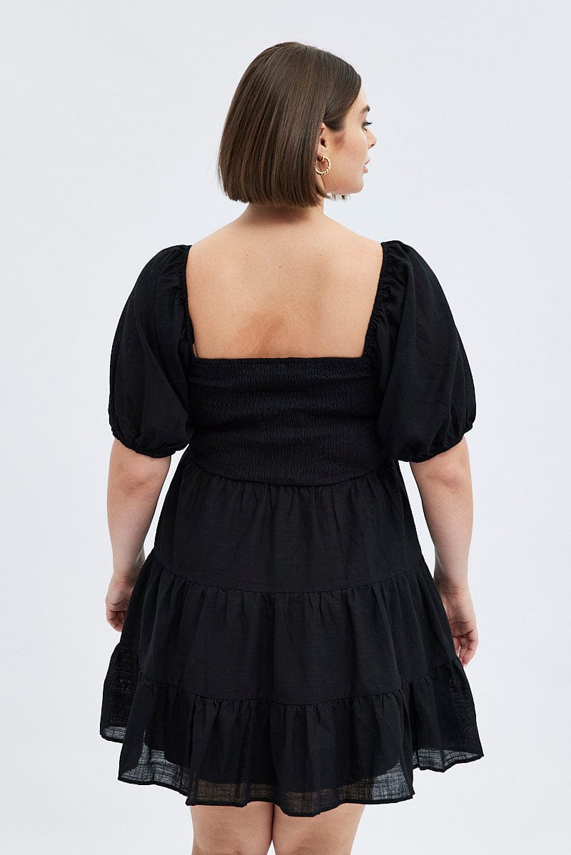 Black Fit And Flare Dress Short Sleeve Shirred