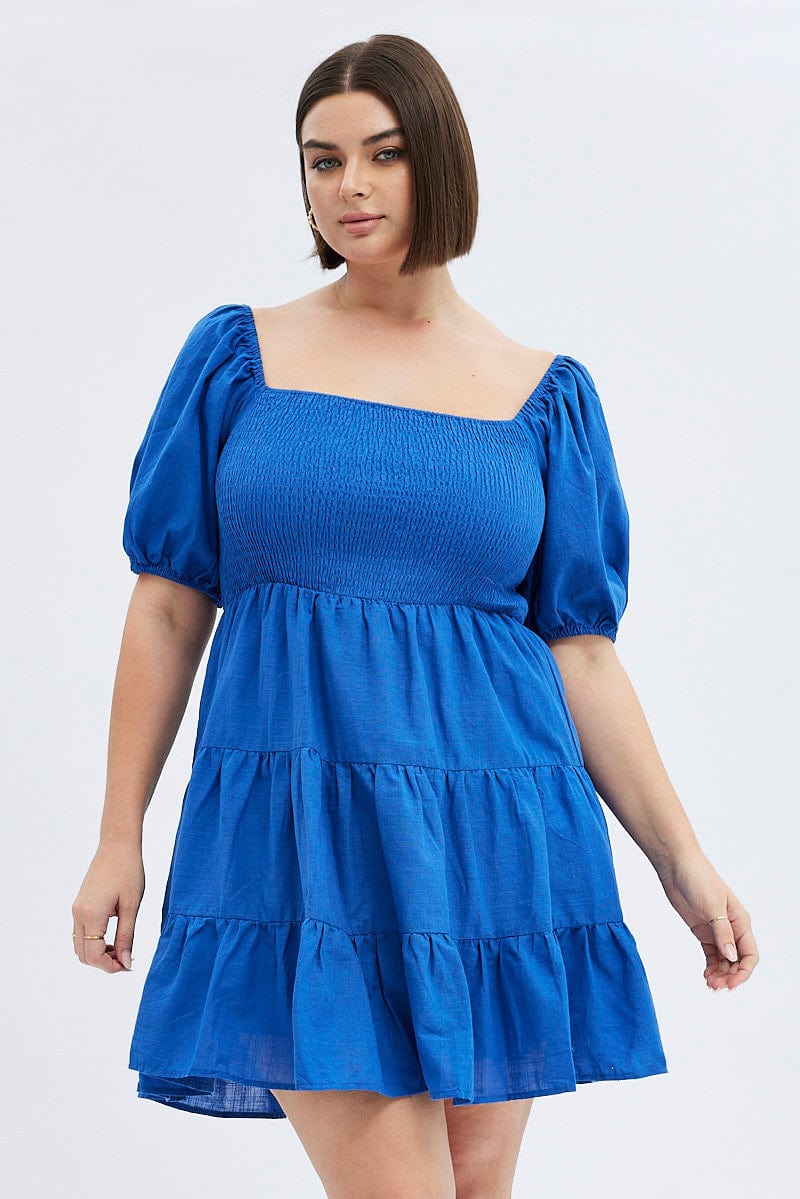 Blue Fit and Flare Dress Short Sleeve Shirred for YouandAll Fashion