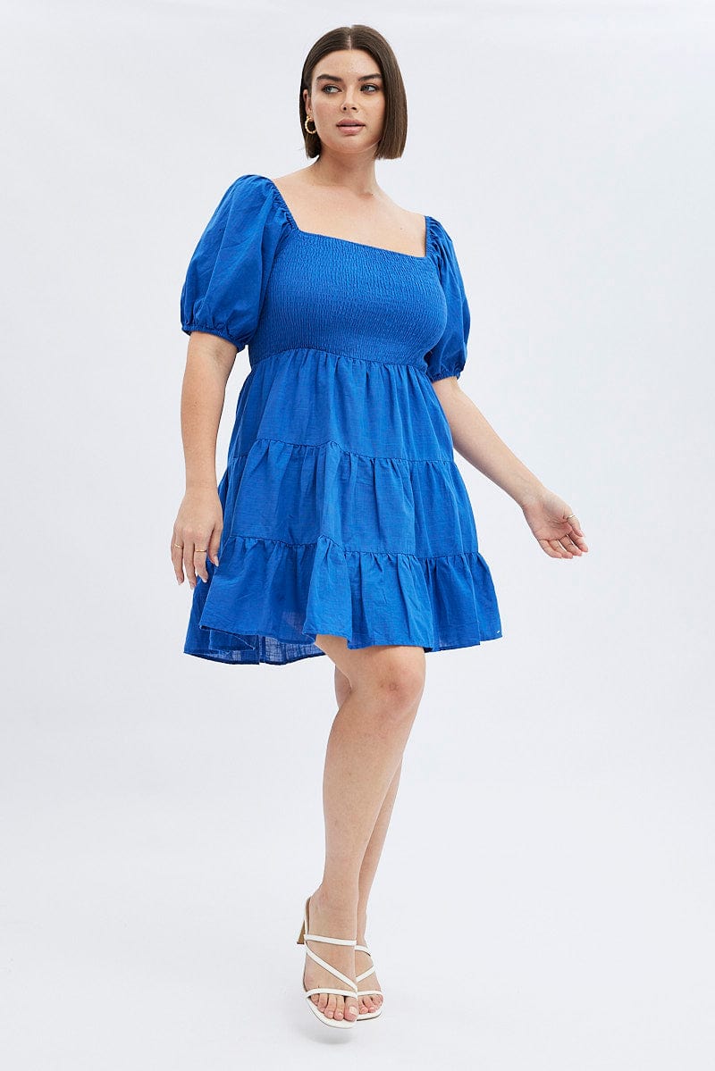 Blue Fit and Flare Dress Short Sleeve Shirred for YouandAll Fashion