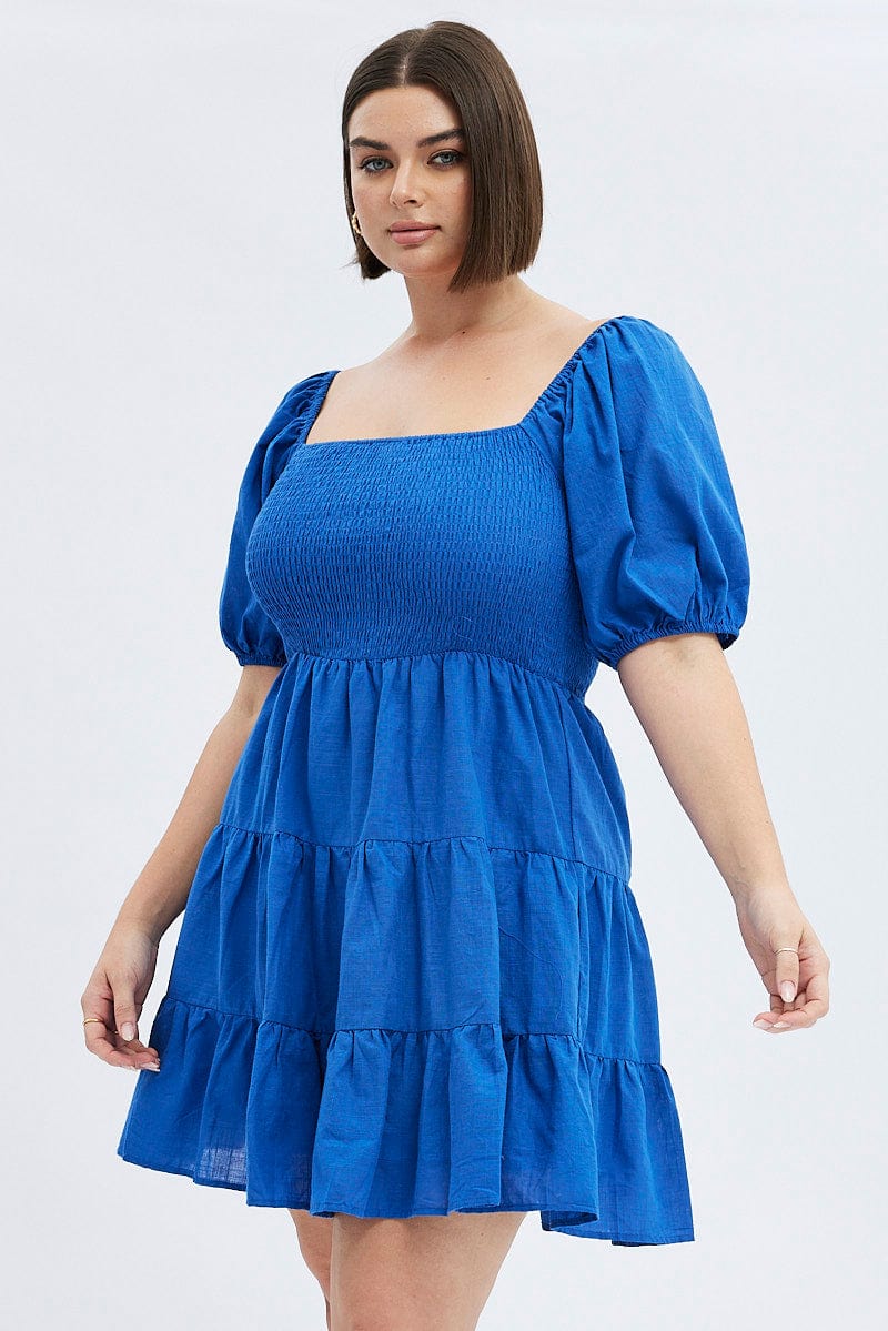 Blue Fit and Flare Dress Short Sleeve Shirred for YouandAll Fashion