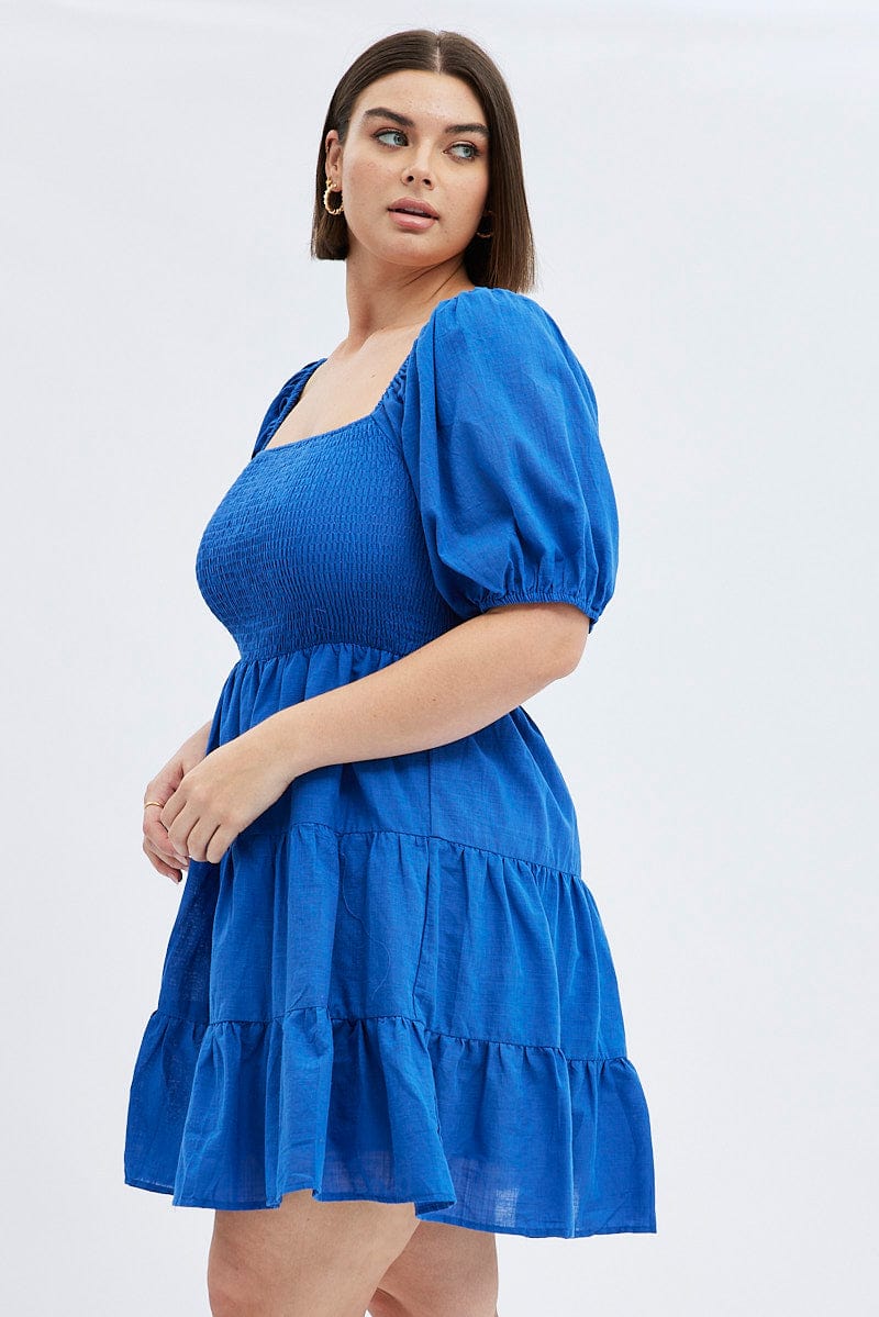 Blue Fit and Flare Dress Short Sleeve Shirred for YouandAll Fashion