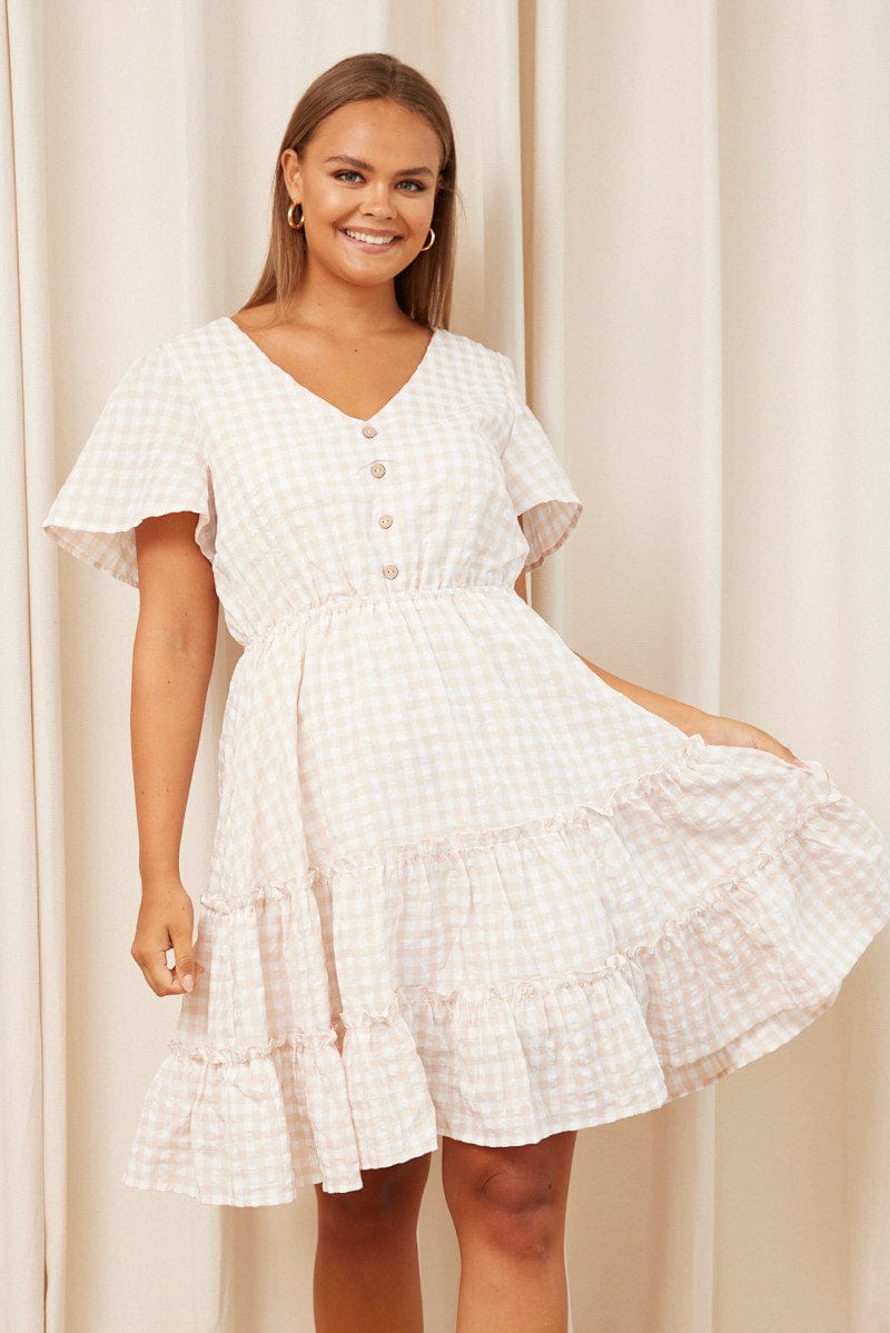 Check Short Sleeve Check Frill Button Through Dress for YouandAll Fashion
