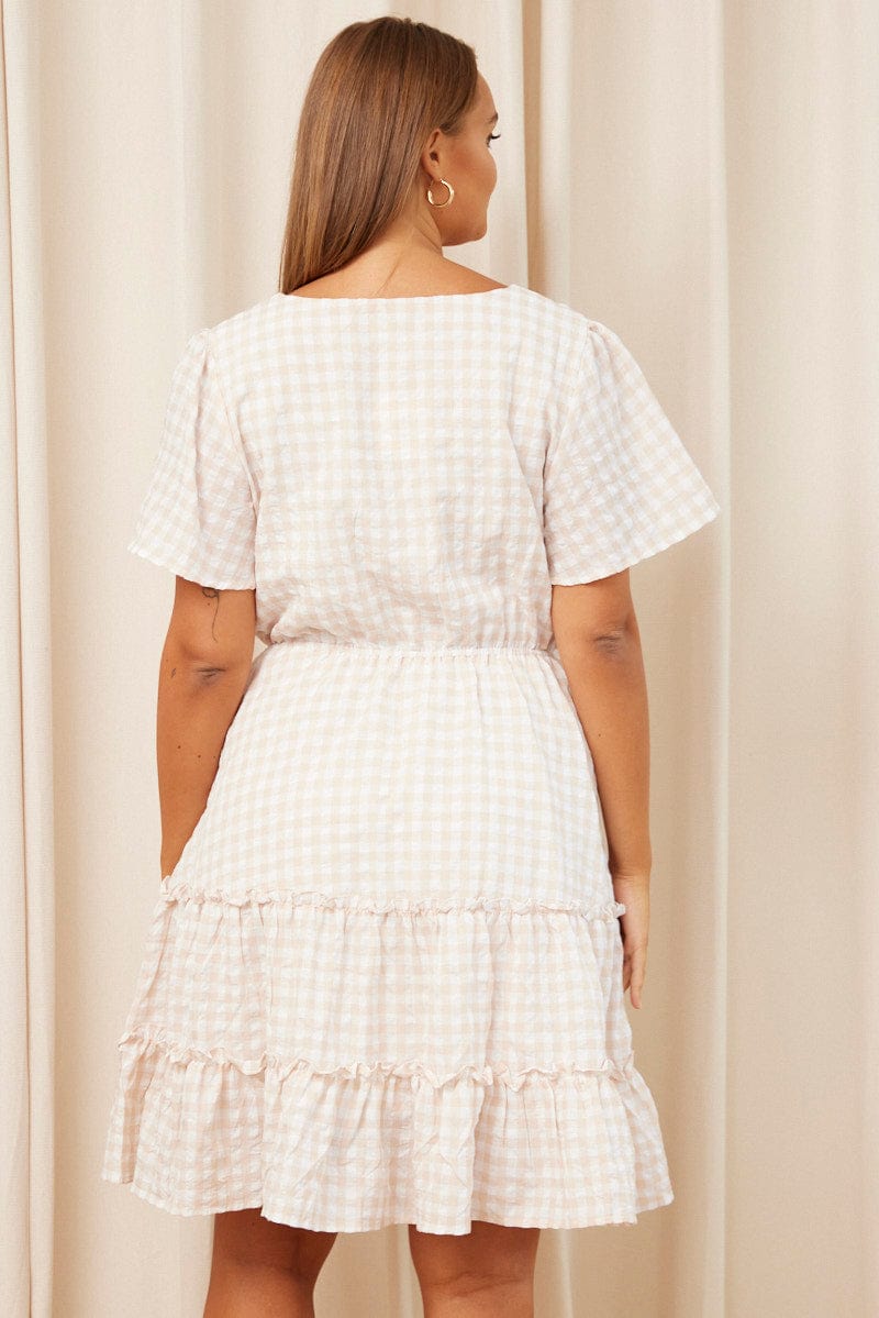 Check Short Sleeve Check Frill Button Through Dress for YouandAll Fashion