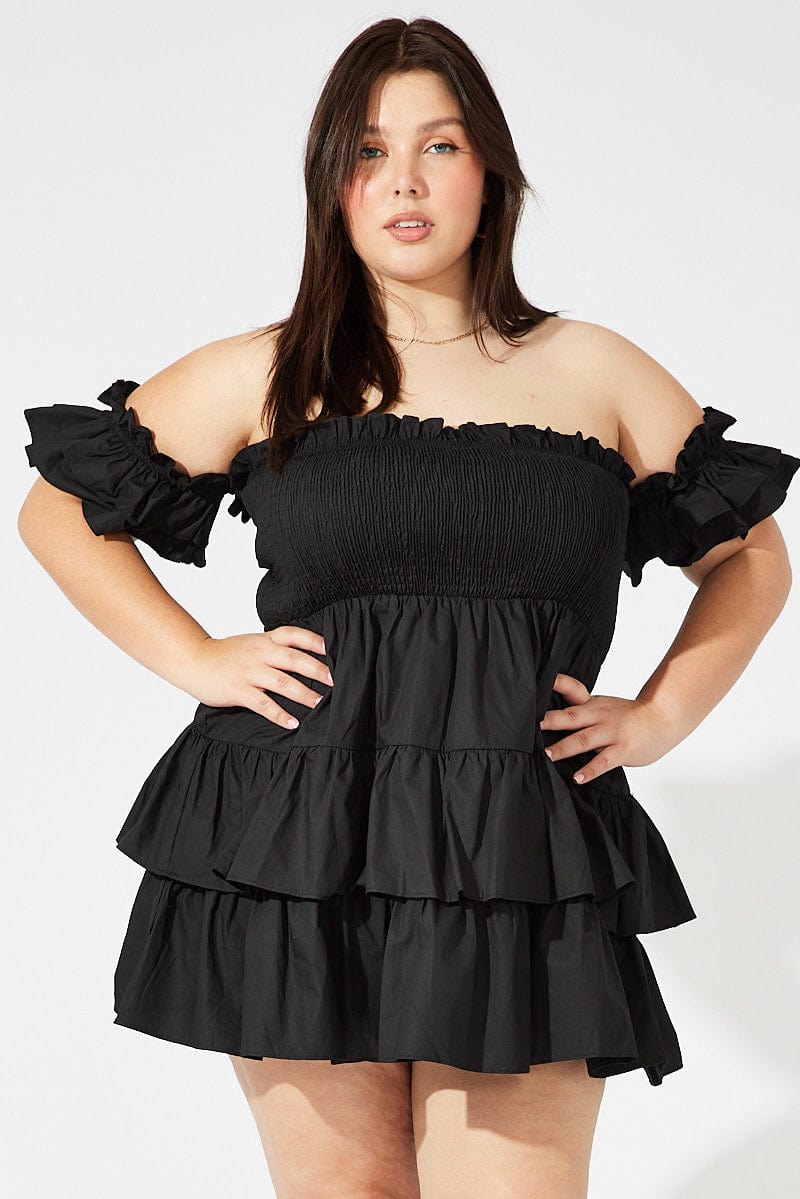 Black Mini Dress Off Shoulder Cotton Frilled | You & All Black Mini Dress Off Shoulder Cotton Frilled | You & All