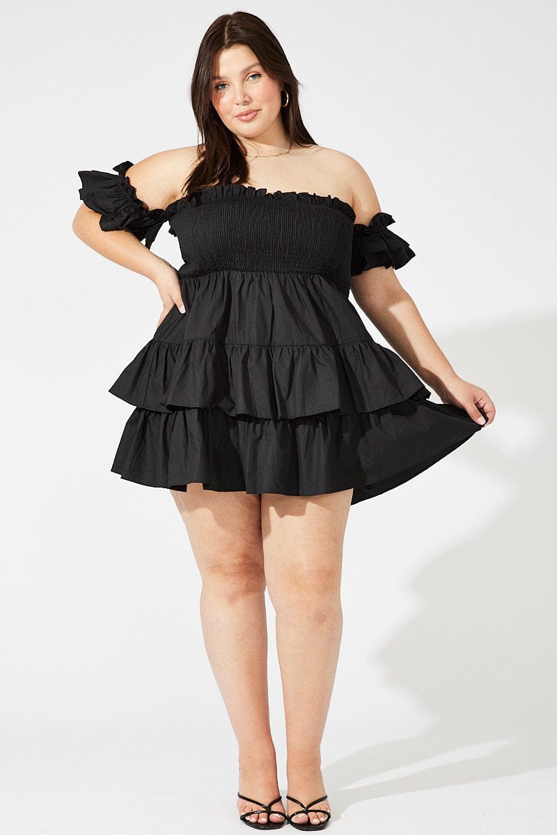 Black Mini Dress Off Shoulder Cotton Frilled for YouandAll Fashion