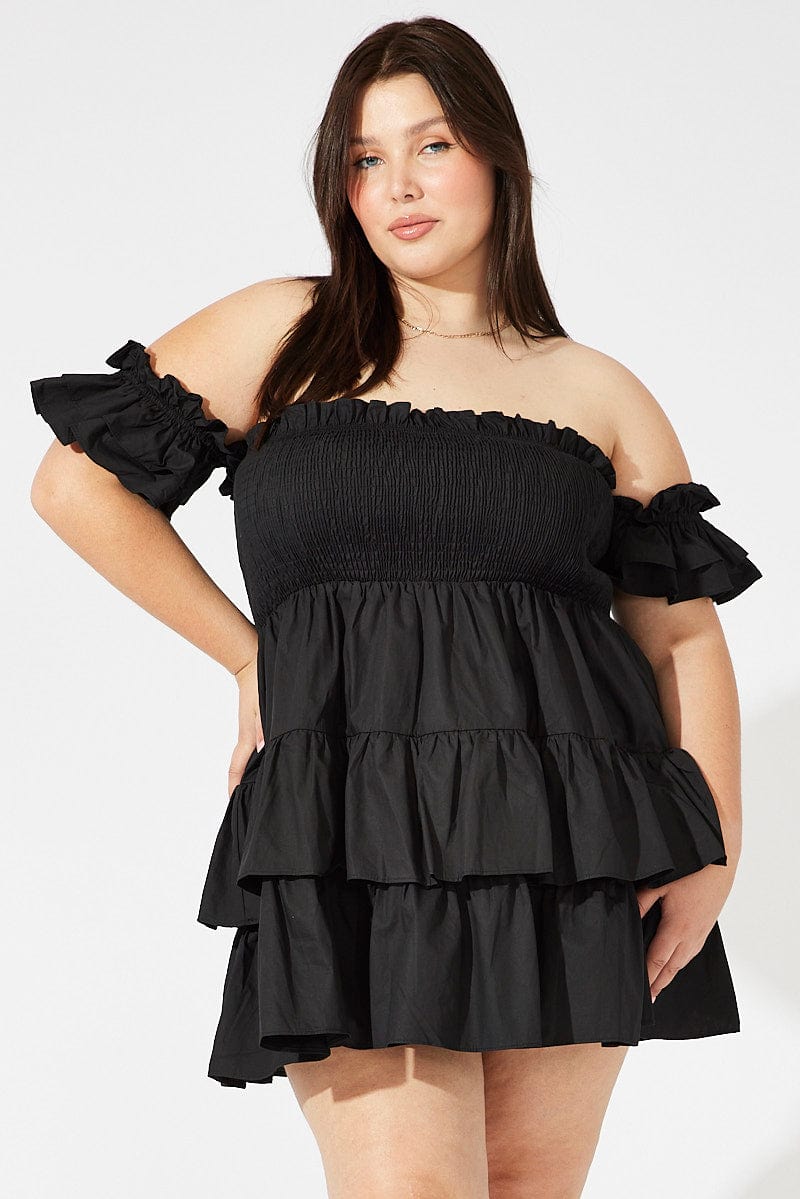 Black Mini Dress Off Shoulder Cotton Frilled for YouandAll Fashion