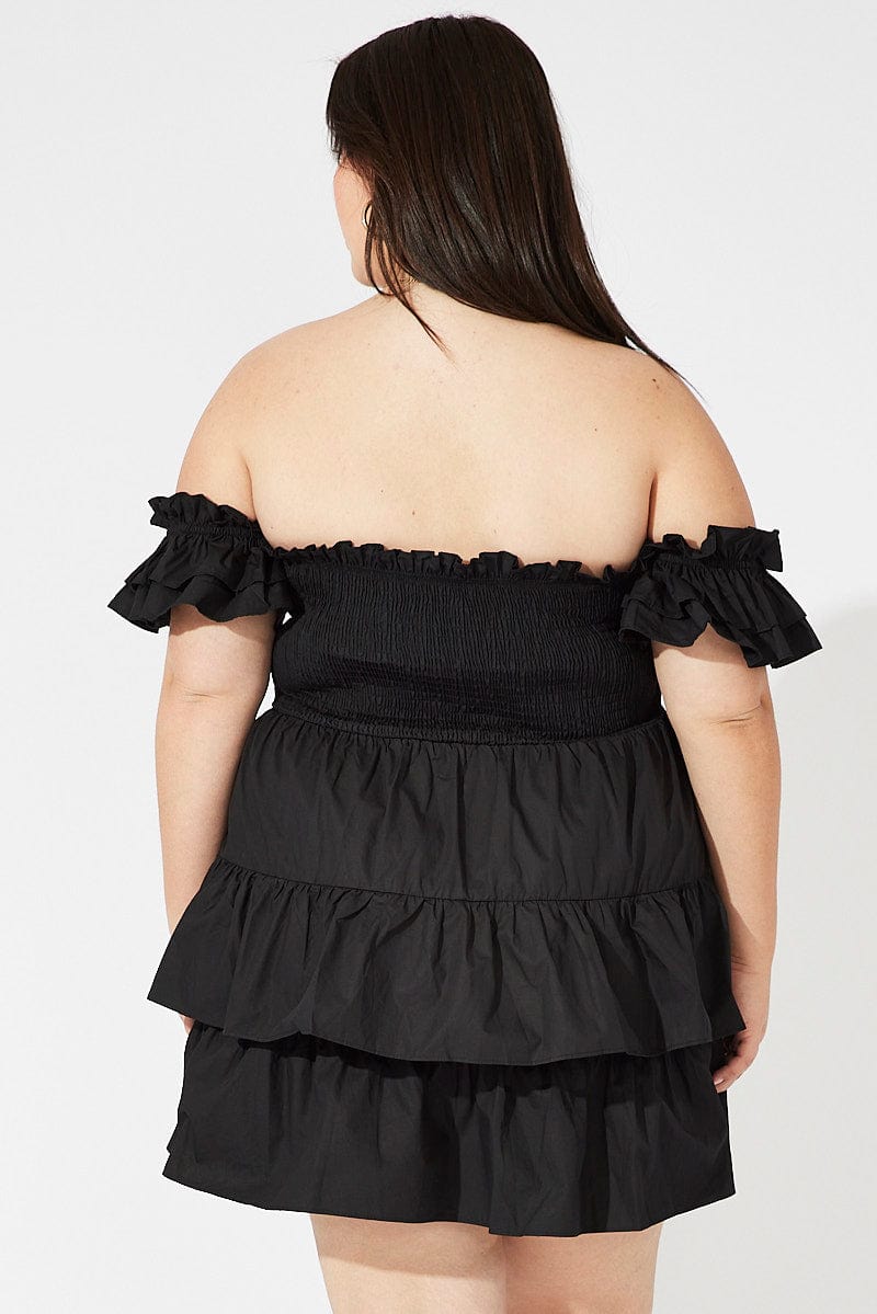 Black Mini Dress Off Shoulder Cotton Frilled for YouandAll Fashion