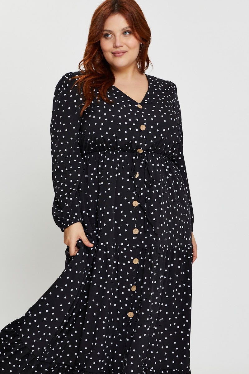 Polka Dot Plus Polka Dot Print Button Front Maxi Dress For Women By You And All