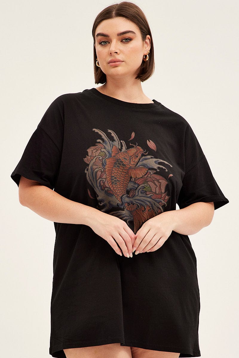 Black T-Shirt Dress Koi Tattoo Print Mini Length