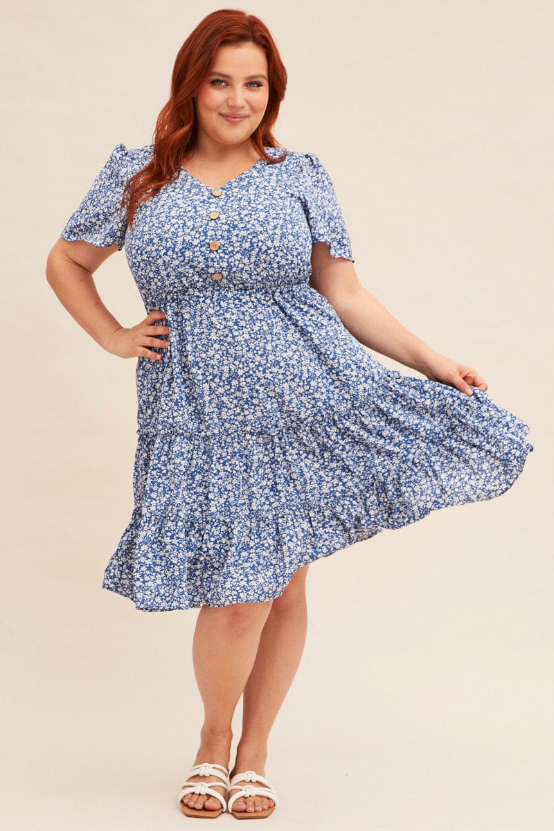 Plus Size Floral Printnt Short Sleeve Floral Mini Skater Dress