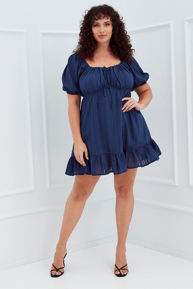 Blue Fit and Flare Dress Short Sleeve Ruched Bust for YouandAll Fashion