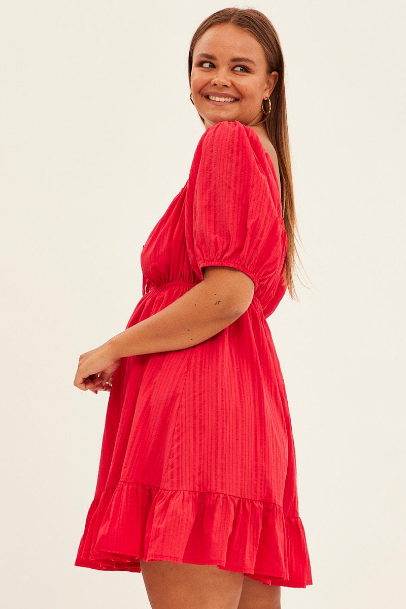Red Fit And Flare Dress Short Sleeve Ruched Bust | You & All Red Fit And Flare Dress Short Sleeve Ruched Bust | You & All