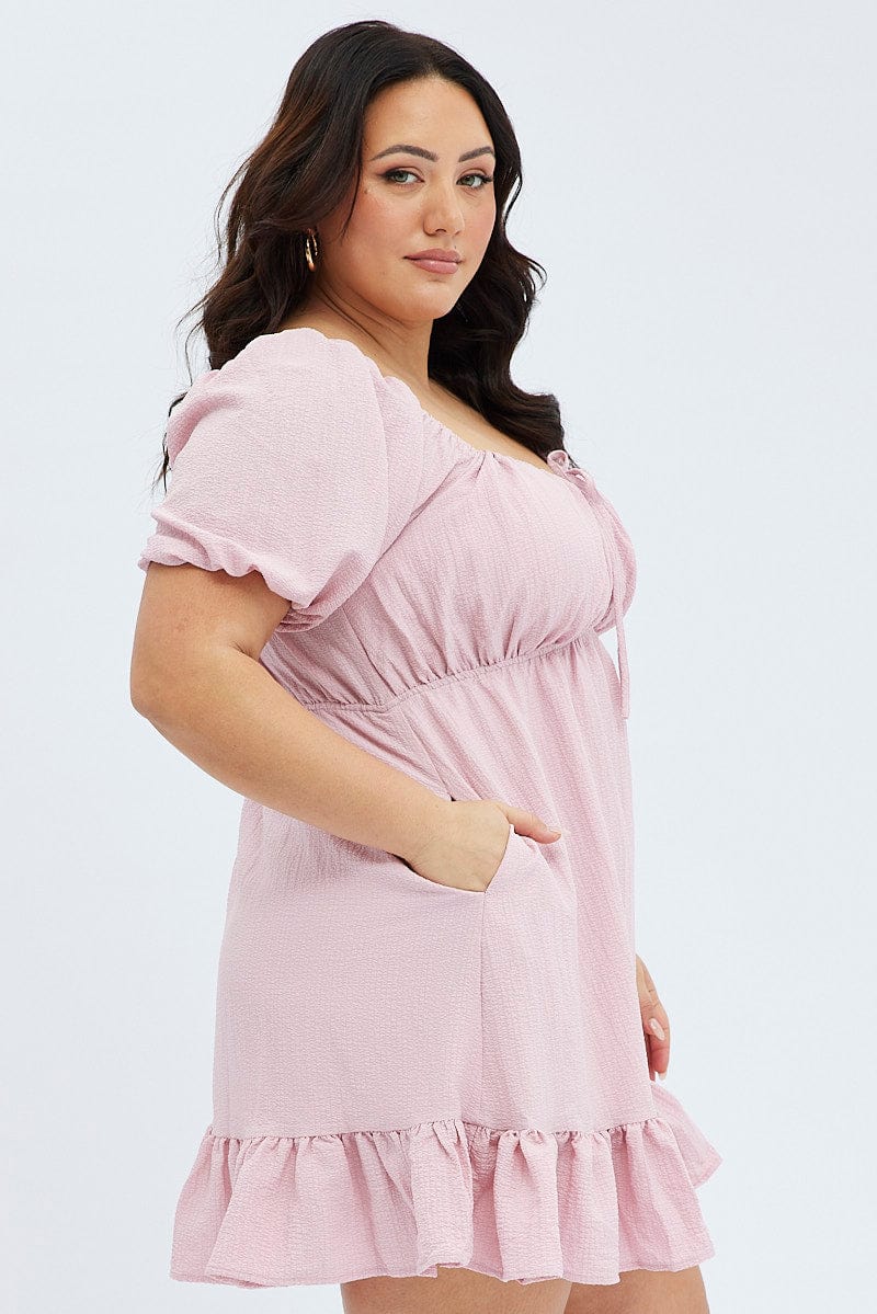 Pink Textured Mini Dress Tie Front for YouandAll Fashion