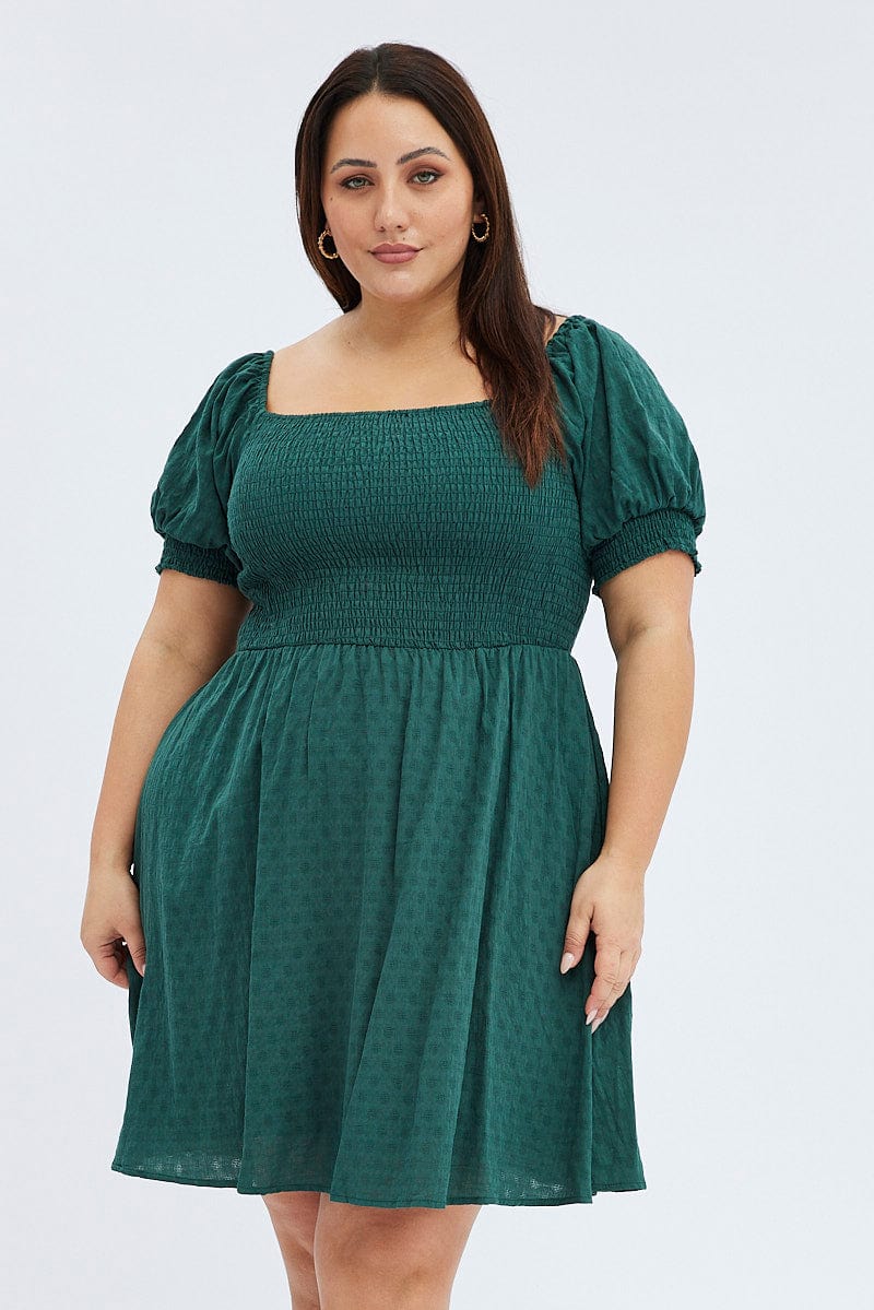 Green Skater Dress Shirred Short Sleeve Textured for YouandAll Fashion