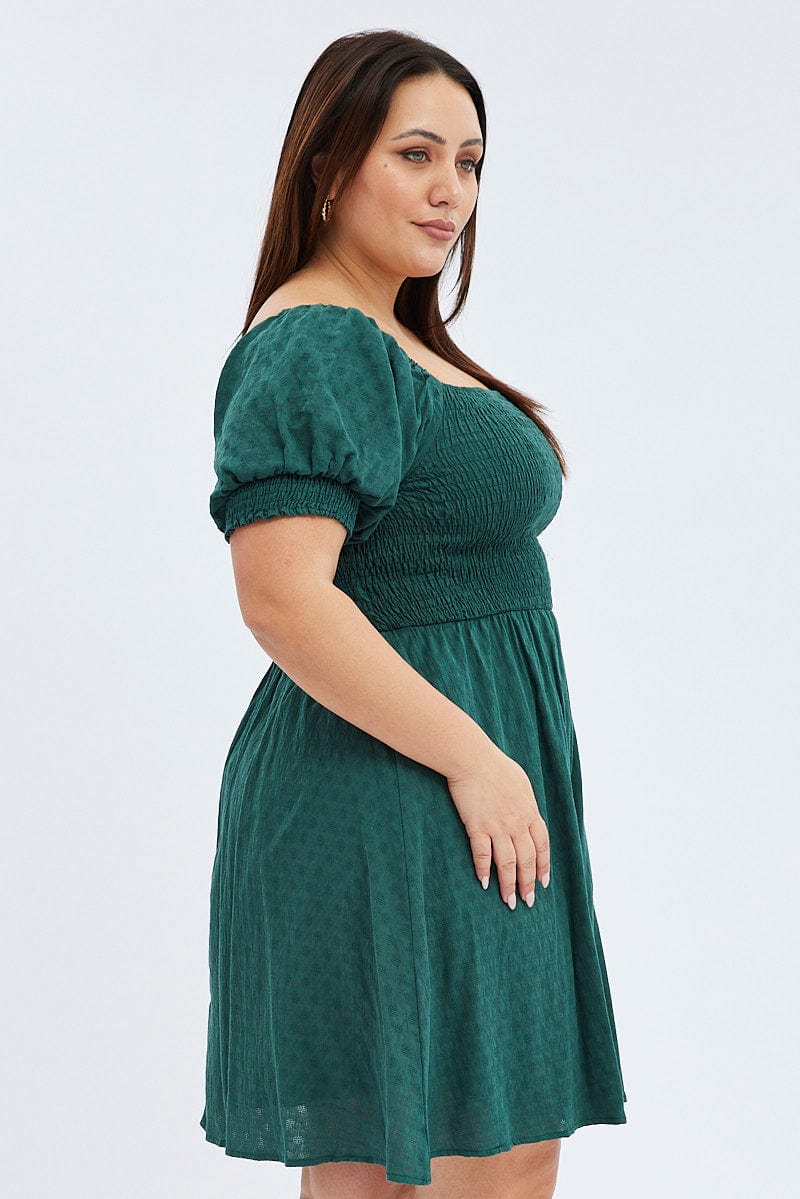 Green Skater Dress Shirred Short Sleeve Textured for YouandAll Fashion