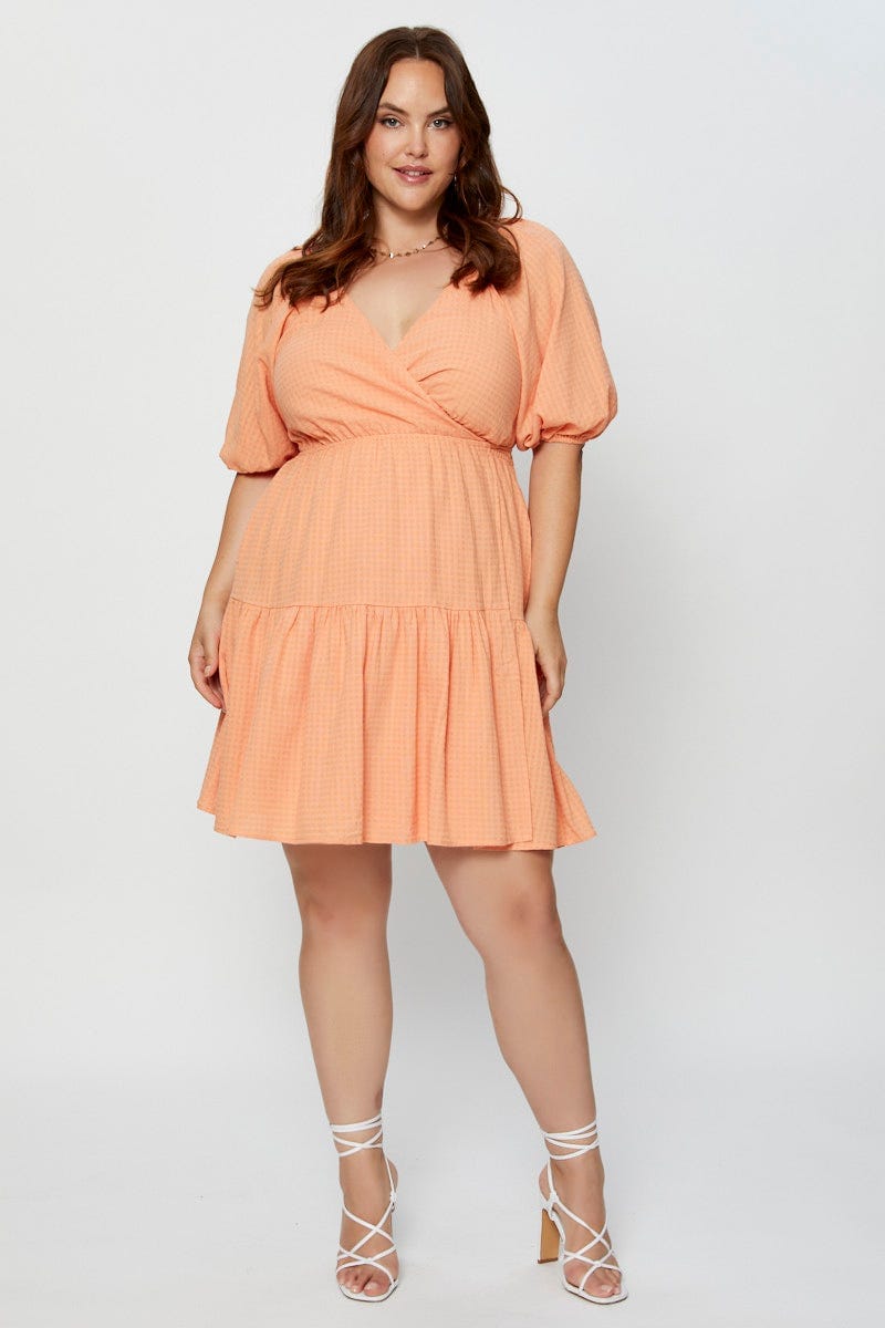 Orange Skater Dress V-Neck Short Sleeve Tie For Women By You And All