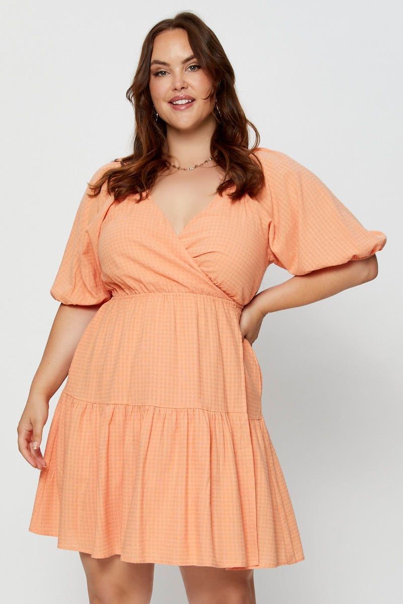 Orange Skater Dress V-Neck Short Sleeve Tie For Women By You And All