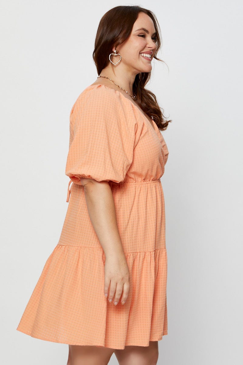 Orange Skater Dress V-Neck Short Sleeve Tie For Women By You And All