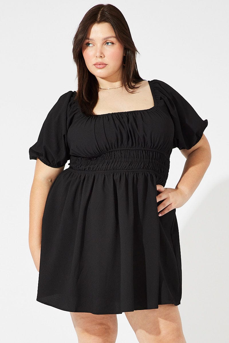 Black Fit And Flare Dress Short Sleeve Shirred Waist | You & All Black Fit And Flare Dress Short Sleeve Shirred Waist | You & All