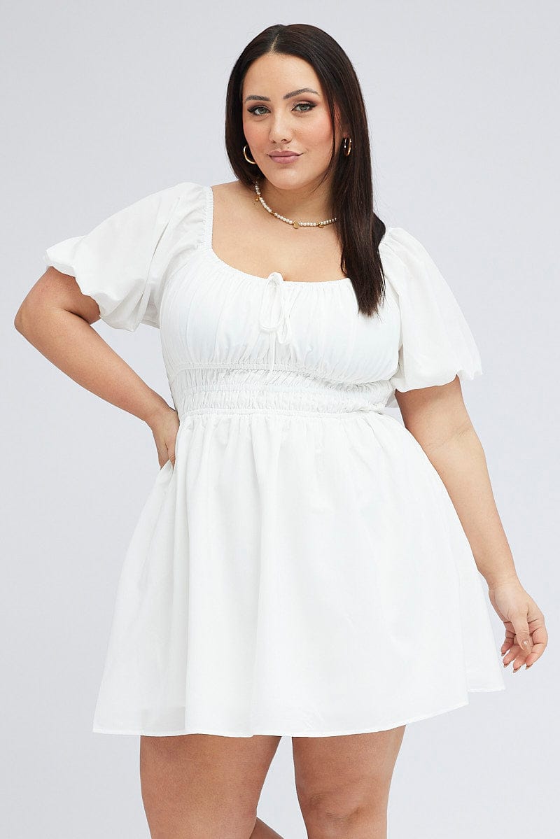 White Fit and Flare Dress Short Sleeve Shirred Waist for YouandAll Fashion