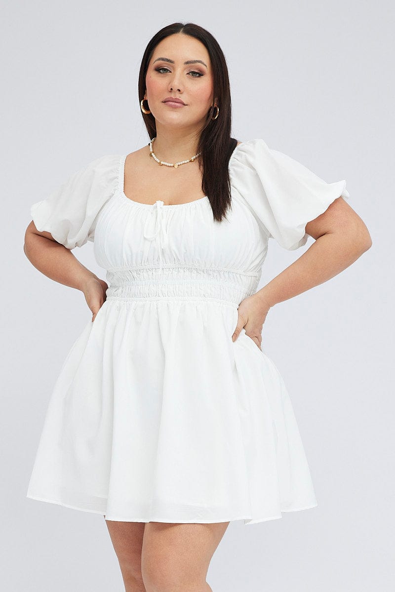 White Fit and Flare Dress Short Sleeve Shirred Waist for YouandAll Fashion