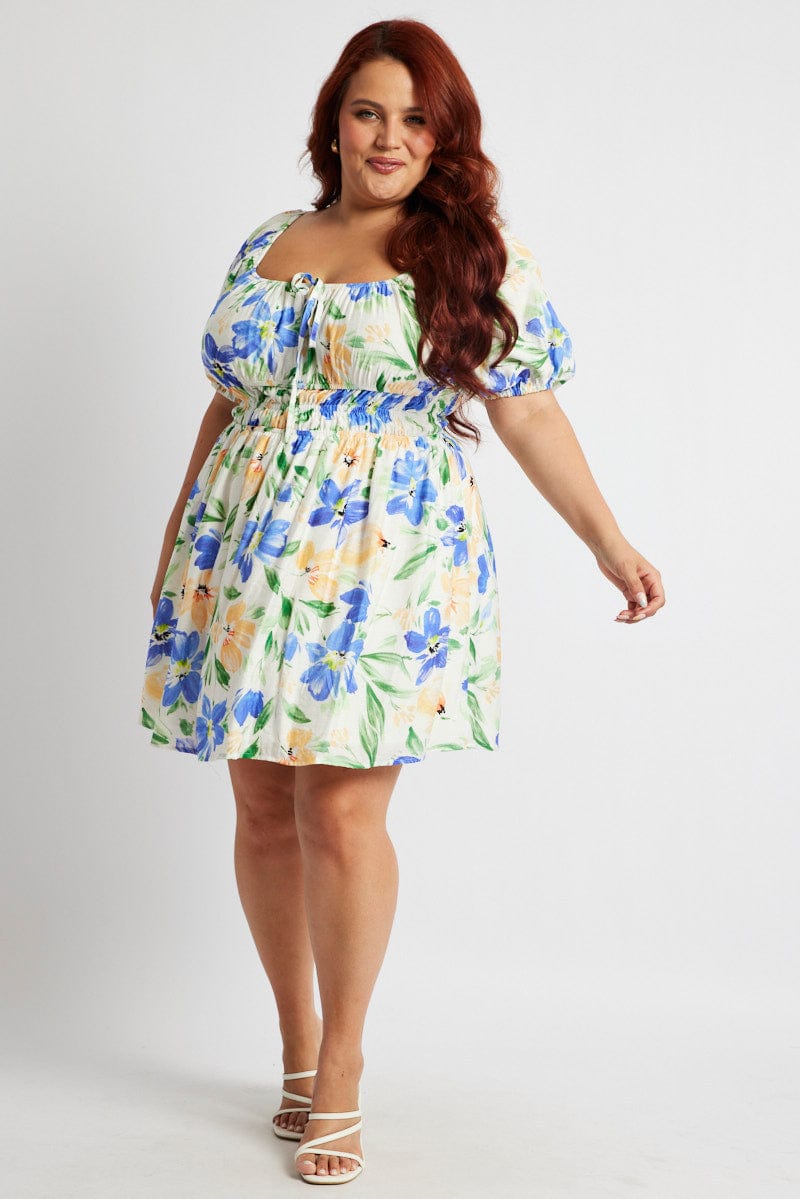 White Floral Fit And Flare Dress Short Sleeve Ruched Bust | You & All White Floral Fit And Flare Dress Short Sleeve Ruched Bust | You & All