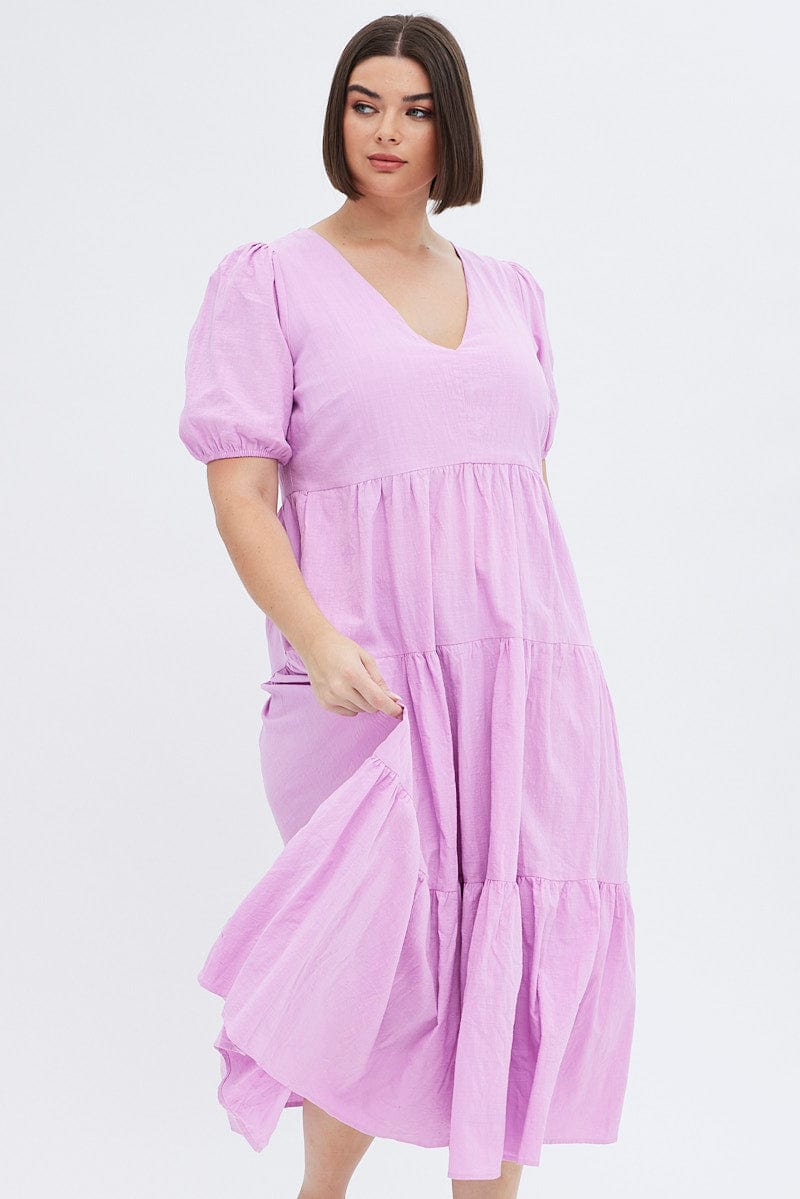 Purple Maxi Dress Tiered Puff Sleeve V Neck for YouandAll Fashion