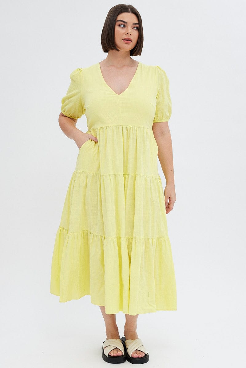 Yellow Maxi Dress Tiered Puff Sleeve V Neck for YouandAll Fashion